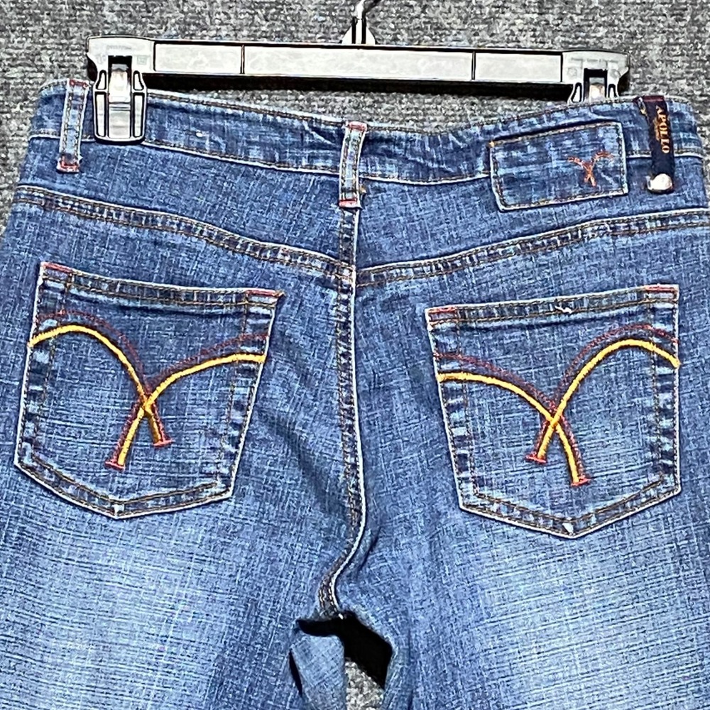 Apollo Jeans VTG Women's 3/4 Medium Wash Flare Leg Denim‎ Blue Whiskered Y2K 90s